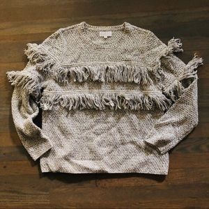 Mudpie fringe cream and gray knit sweater